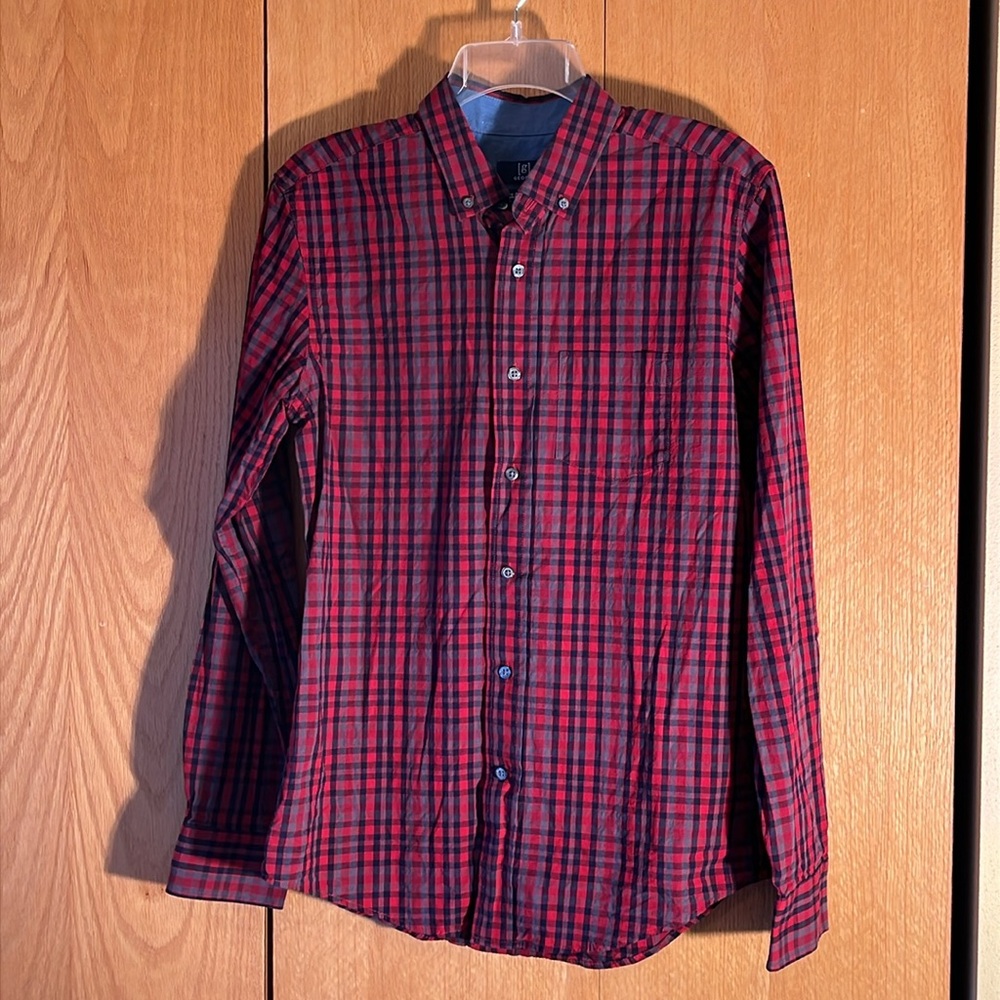 George S 34-36 red navy plaid stretch cotton classic shirt button down collar